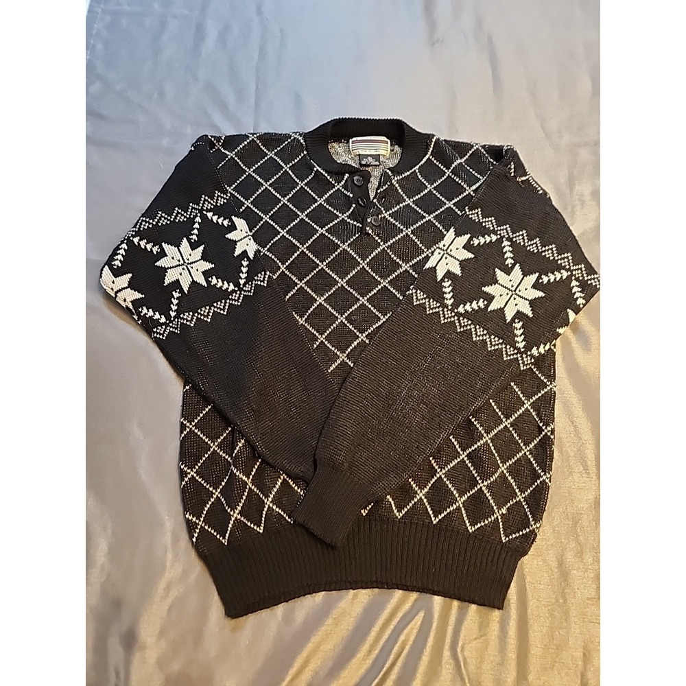 Sportime Actionwear Vintage Nordic Snowflake Henley Sweater Black White Tall